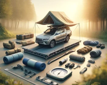 Verschiedene Campingutensilien um eine Auto mit Dachzelt